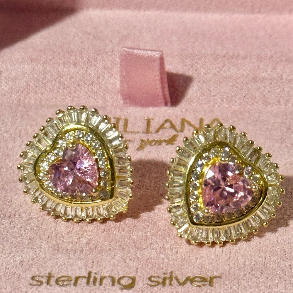 GUILIANA New York Sterling Silver Gold-Tone Heart Pink Cubic Zirconia Earrings